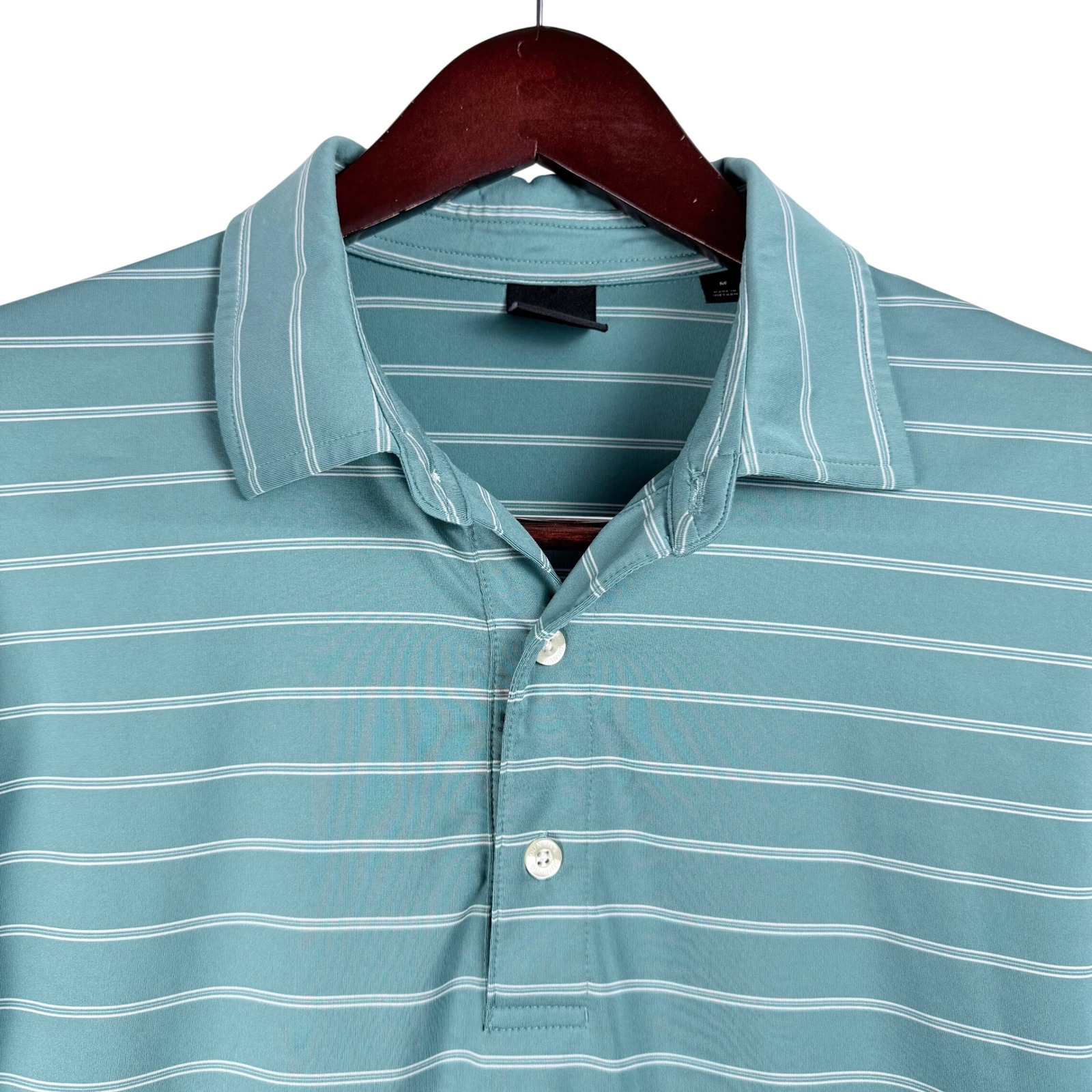 Dunning Golf Mens Striped Polo Shirt Teal Blue Coolmax Tiburon Logo Size Medium
